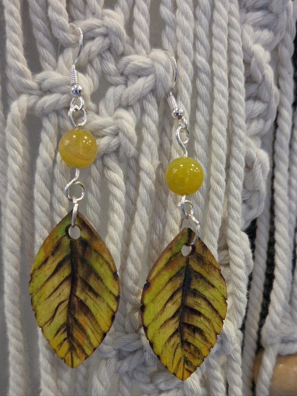 Handcrafted Wood Burned Watercolor Leaf Drop Earrings Yellow Agate 925 Sterling